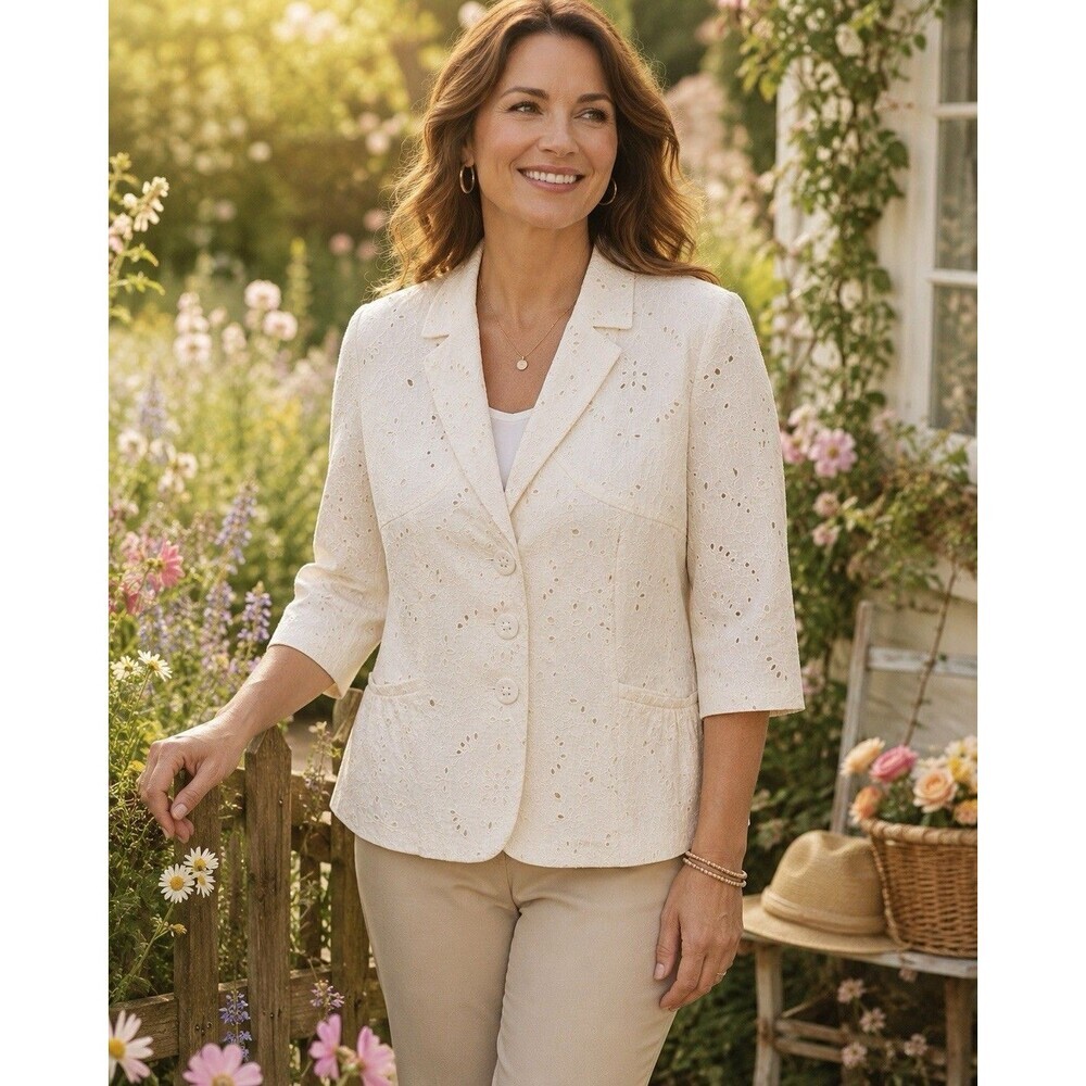 Coldwater Creek Linen Cream Floral Eyelet Blazer Jacket Women Size 1X 3/4 Sleeve